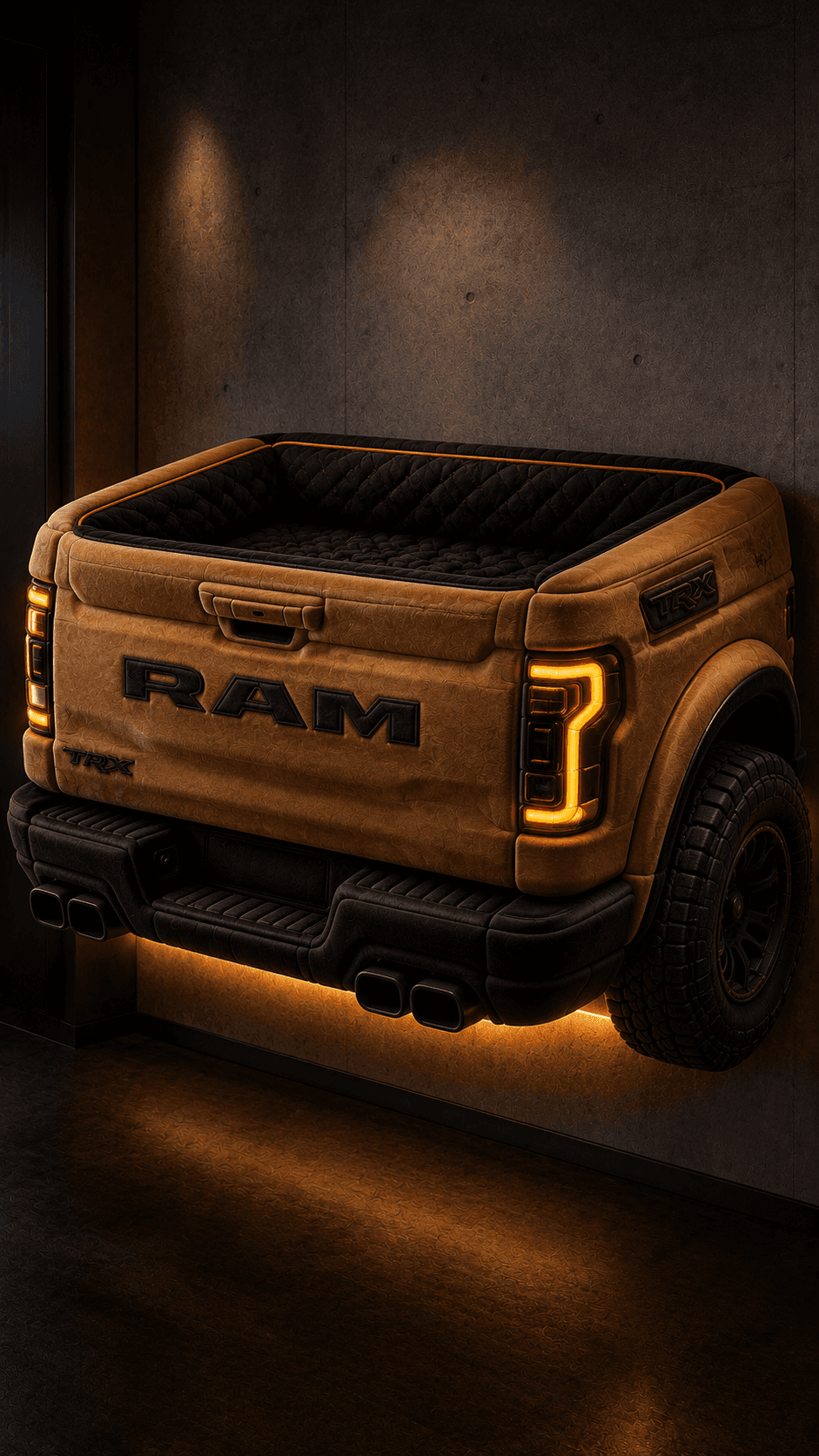 Amber truck-inspired LED dog bed