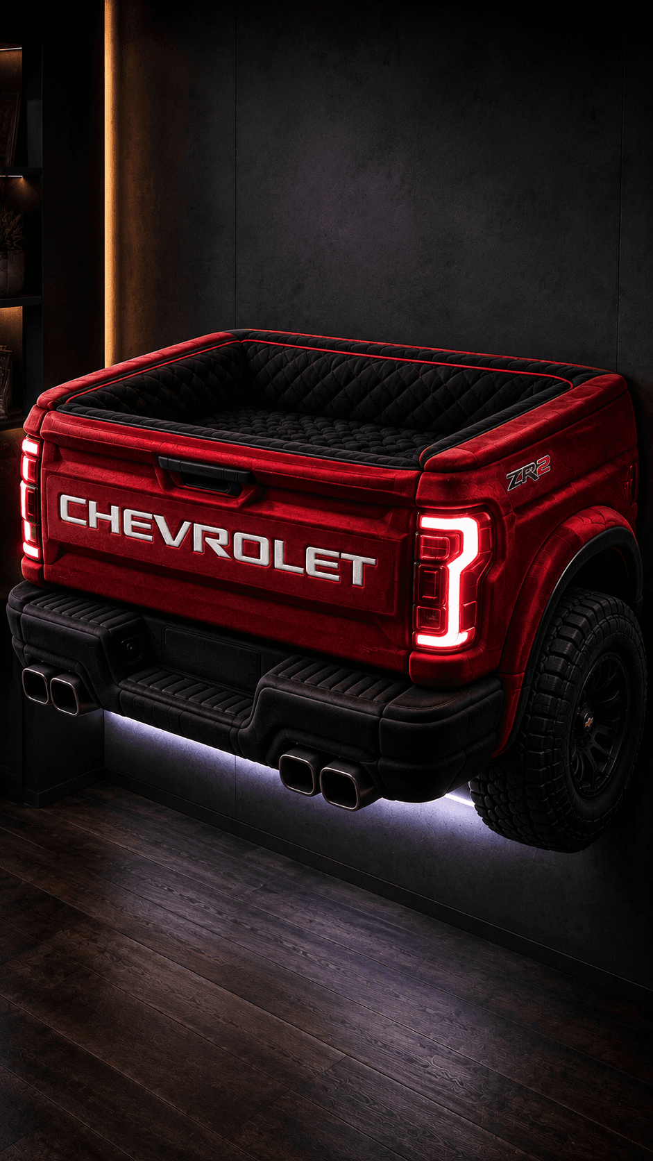 Crimson truck-inspired LED dog bed